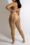 Brown Fashion Sexy Bandage Hollowed Out Backless Halter Sleeveless Two Pieces