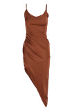 Brown Red Fashion Sexy Solid Backless Asymmetrical V Neck Sling Dress