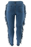 Mittelblaue, modische, lässige, solide, zerrissene Jeans in Übergröße (ohne Gürtel)