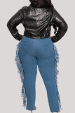 Calça jeans plus size rasgada com borla casual moda azul médio (sem cinto)