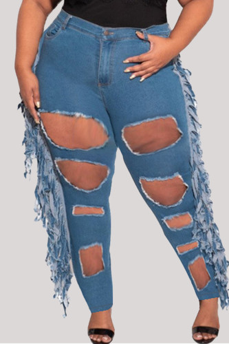 Calça jeans plus size rasgada com borla casual moda azul médio (sem cinto)