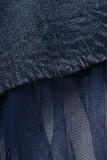 Vestido azul escuro moda casual plus size malha patchwork gola virada para baixo manga curta