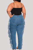 Jeans de talla grande rasgados con borlas sólidas casuales de moda azul medio (sin cinturón)