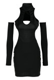 Black Fashion Sexy Solid Hollowed Out Patchwork Backless Turtleneck Long Sleeve Dresses