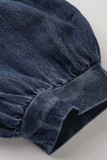 Vestido de manga corta con cuello vuelto de malla de patchwork informal de talla grande azul profundo
