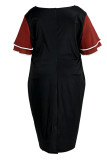 Rode mode casual plus size print patchwork jurk met korte mouwen en ronde hals