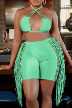 Green Sexy Solid Tassel Halter Sleeveless Two Pieces