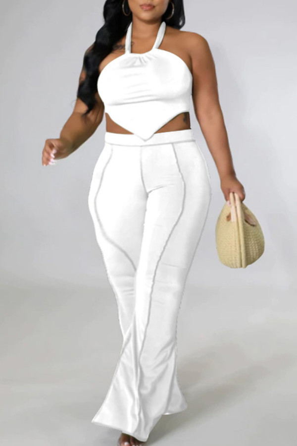 White Sexy Solid Patchwork Backless Asymmetrical Halter Plus Size Two Pieces