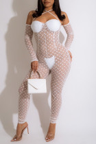 White Sexy Patchwork See-through Backless Halter Regular Jumpsuits