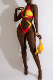 Red Yellow Sexy Print Patchwork Backless Swimwears Three Pieces