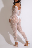 White Sexy Patchwork See-through Backless Halter Regular Jumpsuits