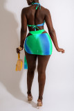 Turquoise Sexy Print Patchwork Backless Swimwears Three Pieces