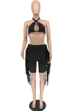 Black Sexy Solid Tassel Halter Sleeveless Two Pieces