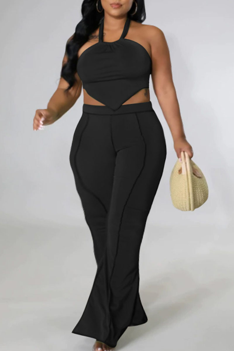 

Black Sexy Solid Split Joint Backless Asymmetrical Halter Plus Size Two Pieces