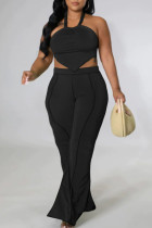 Black Sexy Solid Patchwork Backless Asymmetrical Halter Plus Size Two Pieces