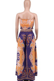 Blue Orange Casual Print Bandage Patchwork Strapless Sleeveless Two Pieces