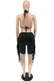 Black Sexy Solid Tassel Halter Sleeveless Two Pieces