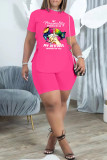 Pink Fashion Casual Print Bandage Asymmetrical O Neck Short Sleeve Two Pieces