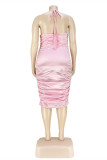 Rosa Mode Sexig Solid Backless Fold Halter Sling Dress Plus Size Klänningar