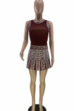 Brown Casual Print Patchwork O Neck Sleeveless Two Pieces