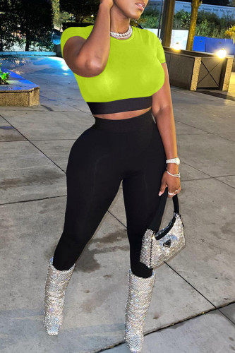 Fluorescent Green Fashion Casual Solid Patchwork O Neck Short Sleeve Two Pieces