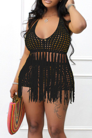 Black Sexy Solid Tassel Hollowed Out Split Joint Halter Sleeveless Two Pieces