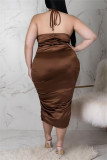 Coffee Fashion Sexy Solid Backless Fold Halter Sling Dress Plus Size Dresses