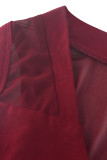 Burgundy Sexy Solid Patchwork See-through Zipper V Neck Regular Jumpsuits