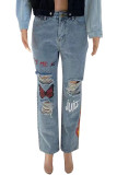 Grey Casual Street Print Ripped Patchwork Straight Denim Jeans
