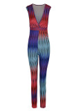 Blaue, reguläre Jumpsuits im Patchwork-Stil mit V-Ausschnitt und sexy Print