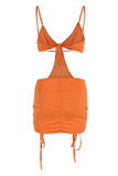 Tangerine Red Sexy solide évidé Patchwork Spaghetti Strap robes jupe crayon