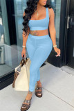 Light Blue Sexy Casual Solid Vests Pants U Neck Sleeveless Two Pieces