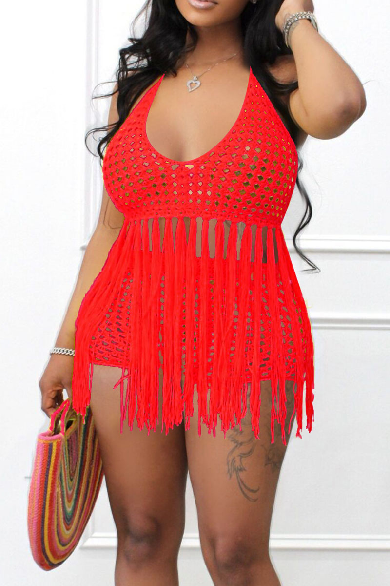 

Red Sexy Solid Tassel Hollowed Out Split Joint Halter Sleeveless Two Pieces