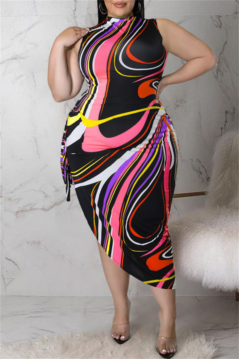 

Pink Fashion Casual Print Bandage Half A Turtleneck Sleeveless Dress Plus Size Dresses