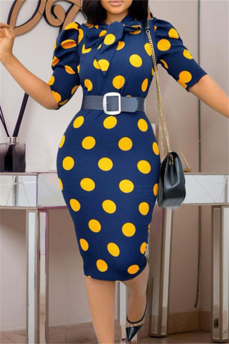 Jaune Fashion Casual Dot Print avec des robes de jupe crayon ceinture O Neck