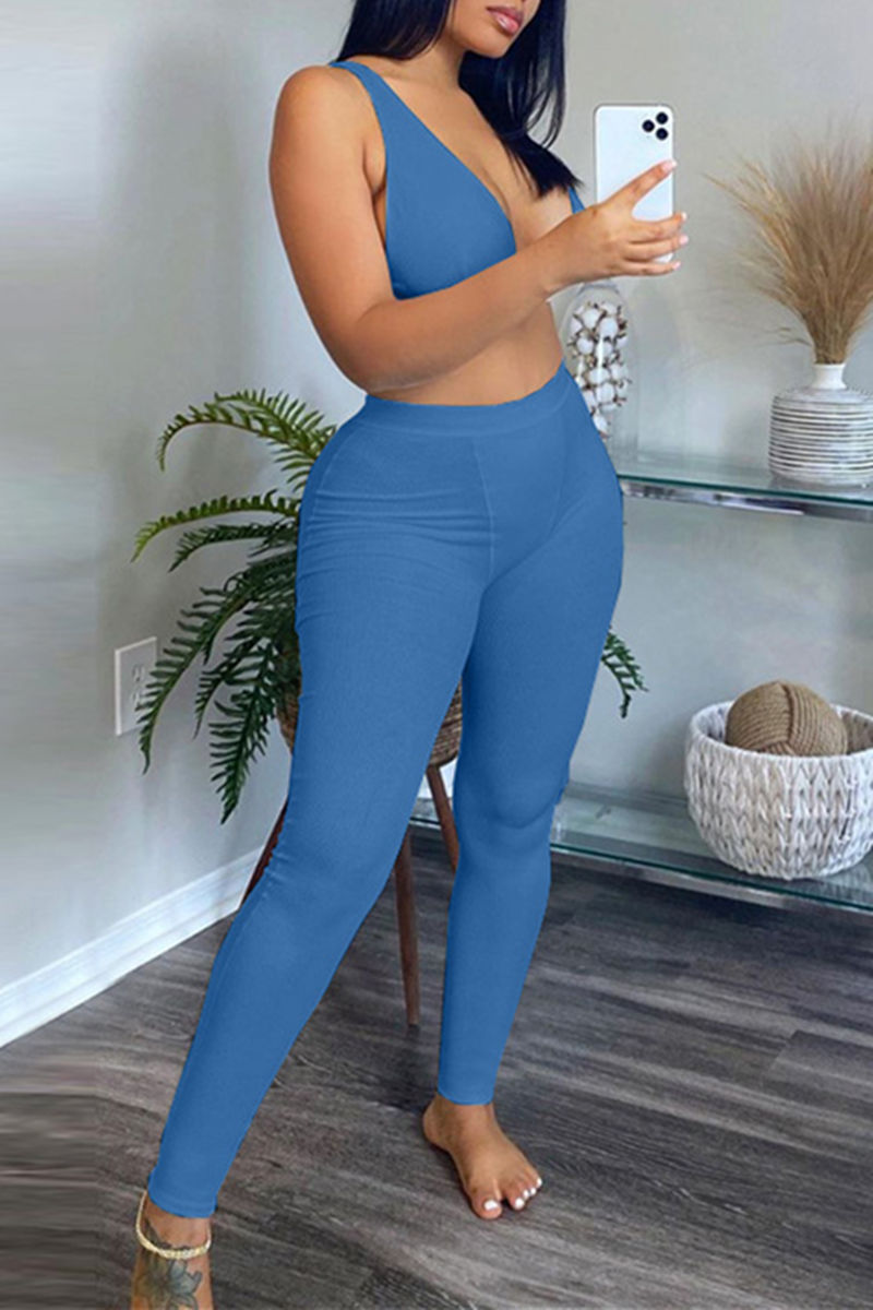 

Blue Fashion Casual Solid Vests Pants V Neck Sleeveless Two Pieces
