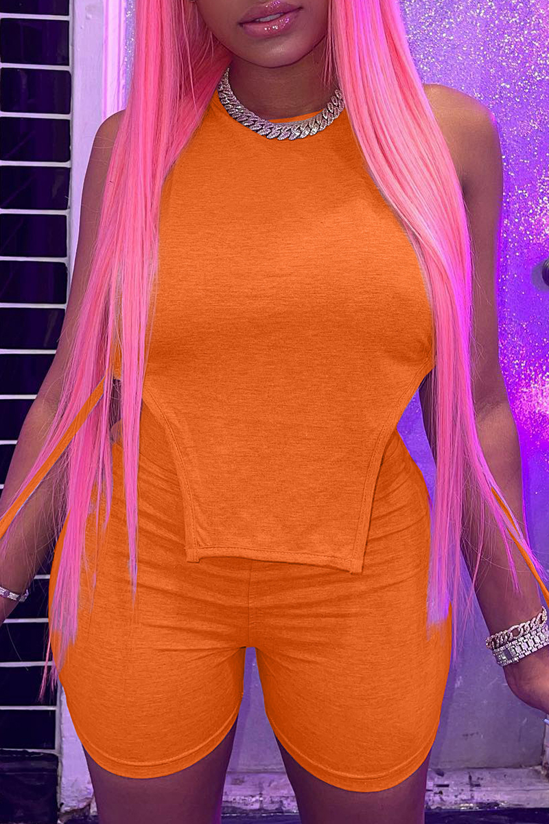 

Orange Fashion Casual Solid Asymmetrical O Neck Sleeveless Two Pieces
