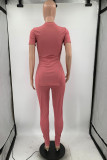 Pink Fashion Casual Solid Patchwork Slit O Neck Short Sleeve Two Pieces