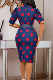Red Fashion Casual Dot Print With Belt O Neck Pencil Skirt Dresses