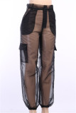 Черные сексуальные повседневные однотонные лоскутные прозрачные брюки со стандартной высокой талией