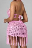 Pink Fashion Sexy Solid Borla Vendaje Ahuecado Sin espalda Trajes de baño (sin rellenos)