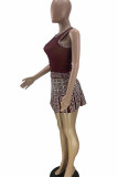 Burgundy Casual Print Patchwork O Neck Sleeveless Two Pieces