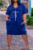Blue Fashion Casual Plus Size Print Basic V Neck Short Sleeve Dress