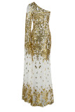 Goud sexy geborduurde pailletten patchwork schuine kraag jurken