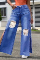 Dark Blue Fashion Casual Solid Thigh Split High Waist Regular Wide Leg Ripped Denim Jeans
