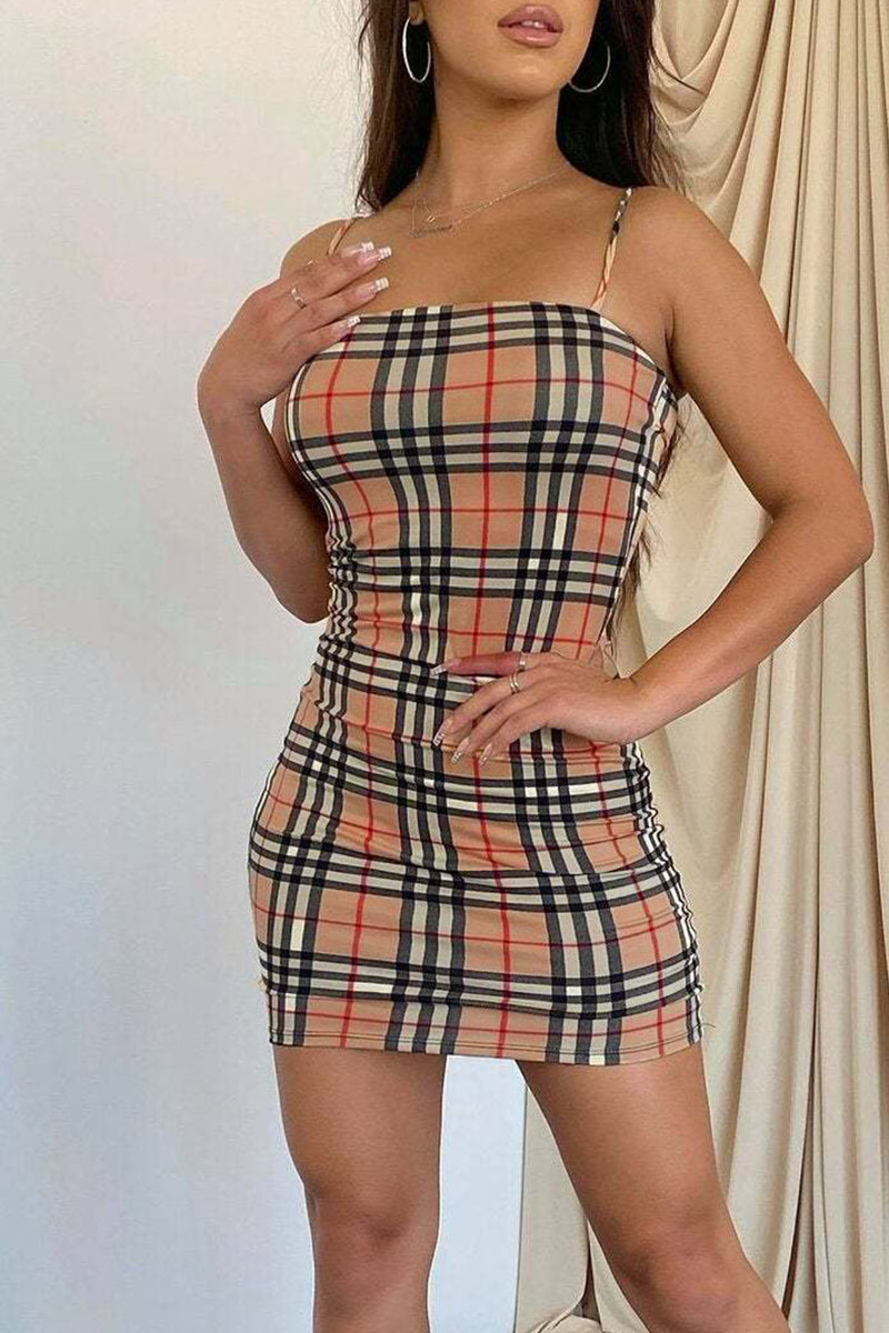 

Khaki Sexy Plaid Print Split Joint Spaghetti Strap Sling Dress Dresses