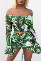 Groene Mode Sexy Print Doorzichtige Backless Off-shoulder Lange Mouw Twee Stukken
