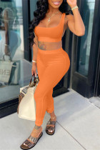 Arancio sexy casual solido gilet pantaloni scollo a U senza maniche in due pezzi