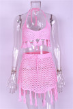 Pink Fashion Sexy Solid Borla Vendaje Ahuecado Sin espalda Trajes de baño (sin rellenos)