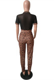 Brown Sexy Casual Print Patchwork See-through Half A Turtleneck Short Sleeve Two Pieces
